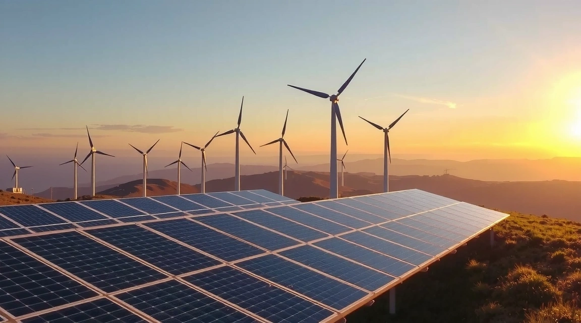 Immagine futuristica di pannelli solari e turbine eoliche in un paesaggio armonioso, simbolo di un futuro energetico sostenibile.