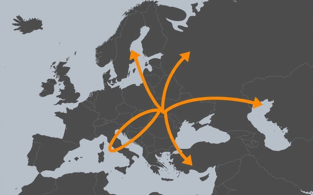 Mappa stilizzata dell'Europa con frecce che indicano interconnessioni diplomatiche