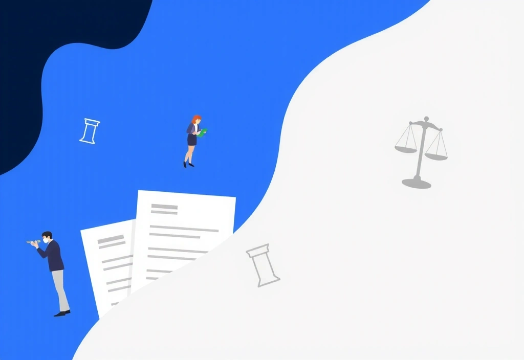 Immagine astratta che rappresenta un accordo legale con icone di documenti e firme digitali